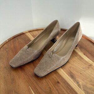 Stuart Weitzman Shimmery Taupe Low Block Heel Pumps